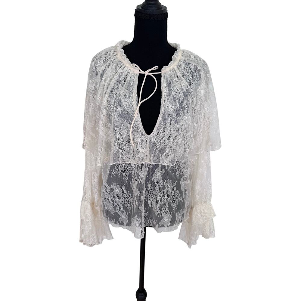 Steve Madden Womens Large Ivory Lace Blouse Sheer Long Sleeve Tie Neck Boho
